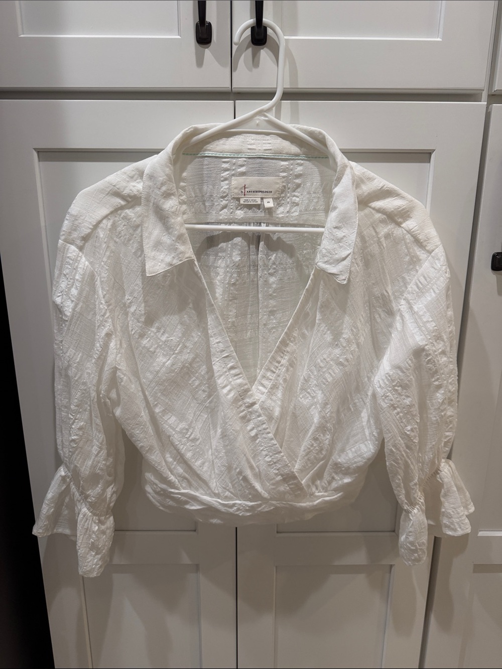 Anthropologie White Textured Wrap Blouse
